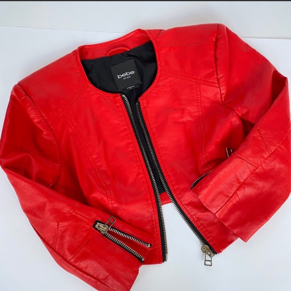 Red bebe Genuine Leather Soft Stretch Jacket Crop